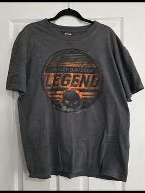 High Stakes Harley-Davidson Gray Tee with Orange 'Legend' Skull Graphic